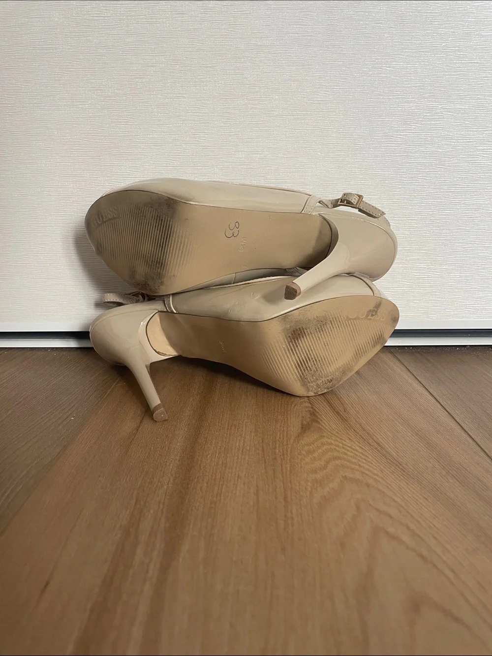 GUESS Beige Nude Peep-Toe Platform Slingback Heels